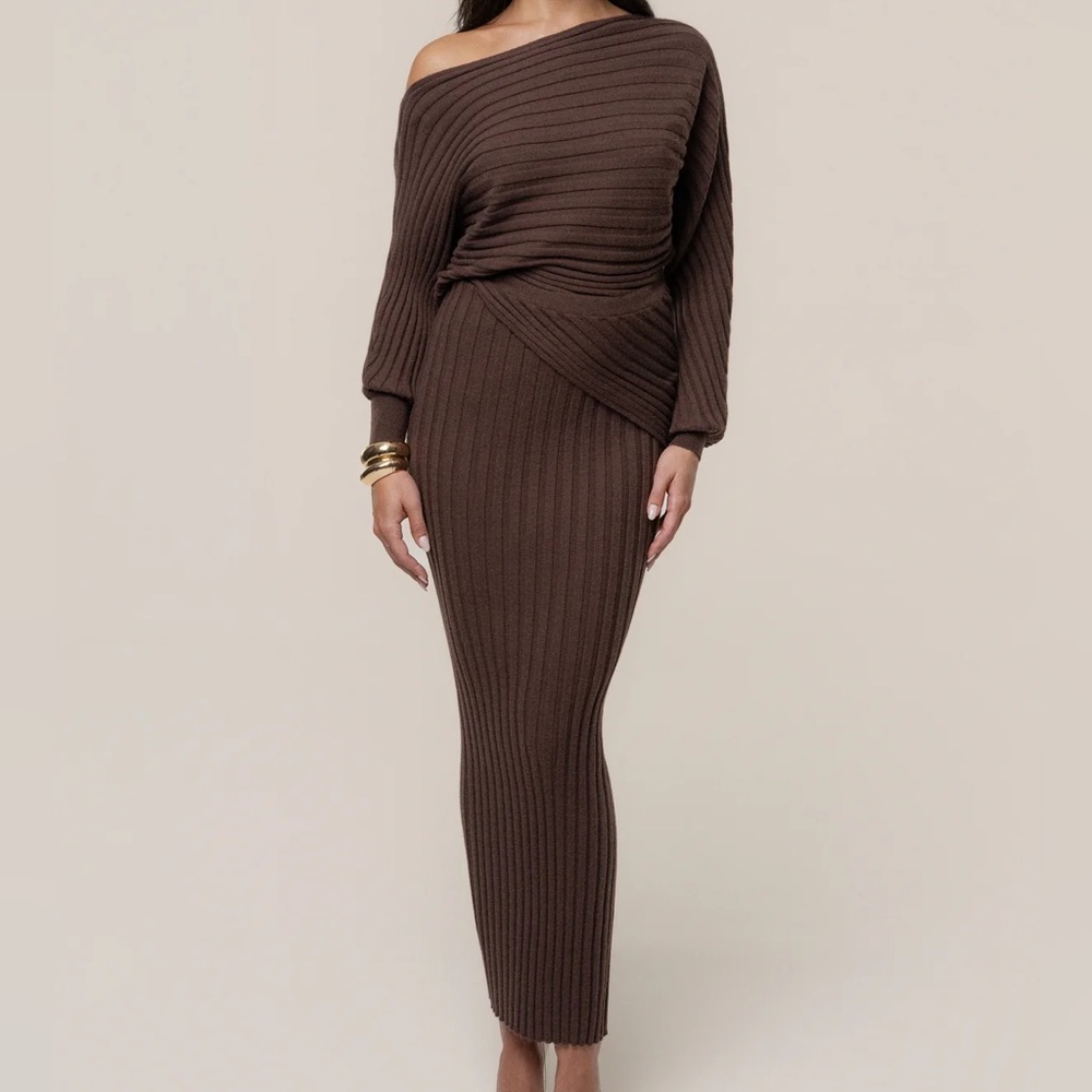 NWT JLUXLABEL Brown Clarity Ribbed Skirt Set XS | Off-Shoulder Knit Co-Ord